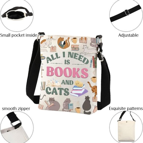 Books And Cats Crossbody Bag Waterproof Polyester Adjustable Shoulder - Picture 4 of 7